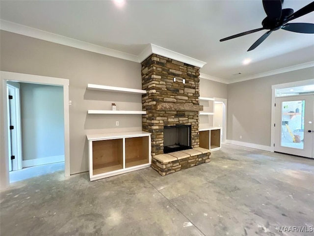 1150 Southern Hills Dr, Wetumpka, AL 36093 - unfurnished living room featuring crown molding, unfinished concrete flooring, ceiling fan, and a fireplace