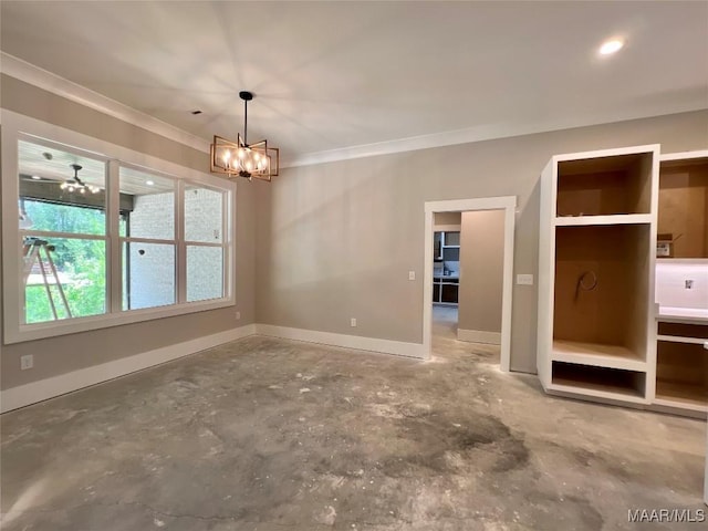 1150 Southern Hills Dr, Wetumpka, AL 36093 - unfurnished dining area featuring a chandelier, ornamental molding, and concrete flooring