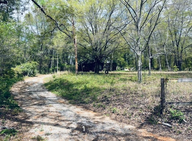 view of street with a forest view