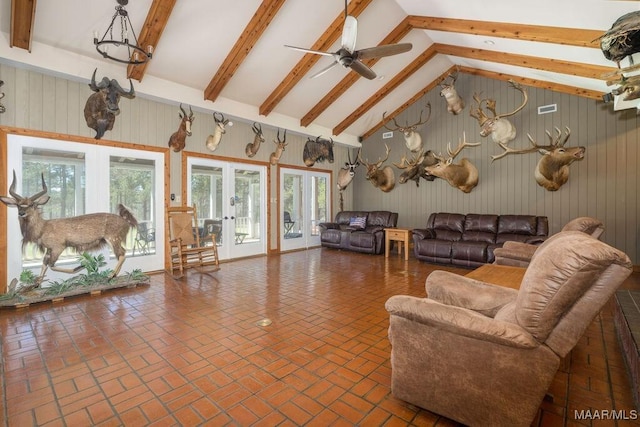 2714 County Road 54, Ozark, AL 36360 - living area with beamed ceiling, brick floor, high vaulted ceiling, and ceiling fan