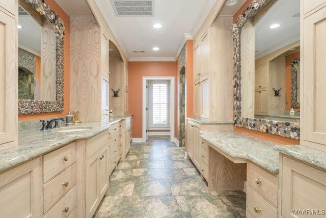 2714 County Road 54, Ozark, AL 36360 - full bathroom featuring recessed lighting, ornamental molding, baseboards, visible vents, and stone finish flooring