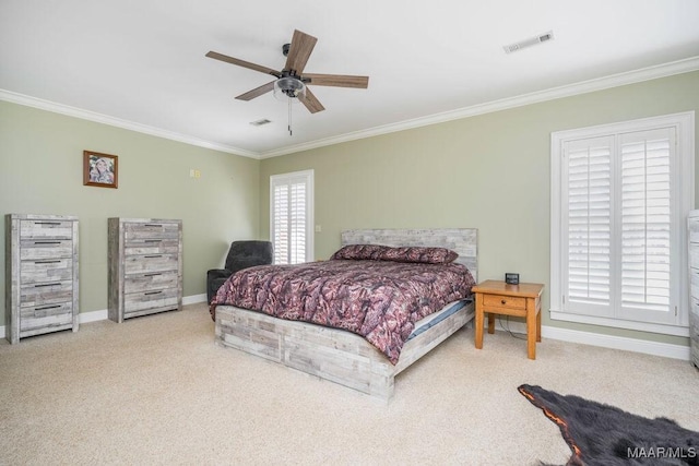 2714 County Road 54, Ozark, AL 36360 - carpeted bedroom with baseboards, visible vents, ceiling fan, and ornamental molding
