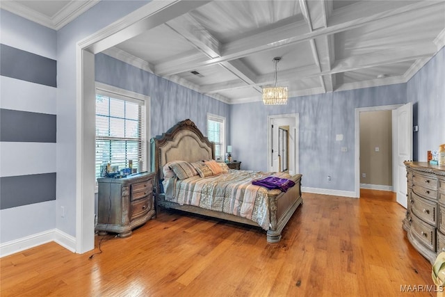 126 N Dogwood Ter, Wetumpka, AL 36093 - bedroom featuring light wood-style floors, baseboards, coffered ceiling, beam ceiling, and a chandelier
