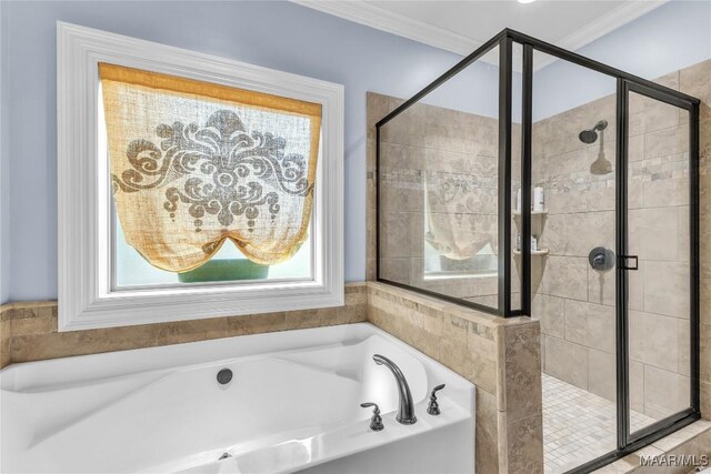 126 N Dogwood Ter, Wetumpka, AL 36093 - full bathroom featuring a shower stall, a bath, and crown molding