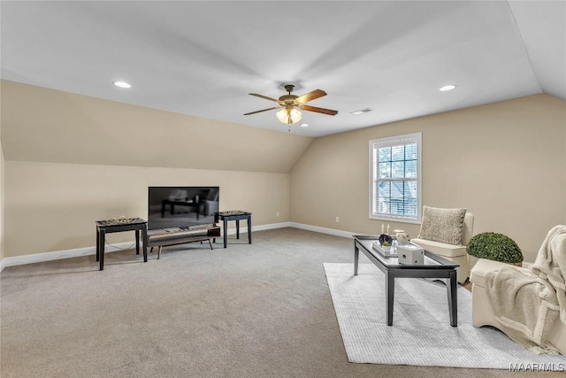 126 N Dogwood Ter, Wetumpka, AL 36093 - living room with vaulted ceiling, a ceiling fan, carpet flooring, baseboards, and recessed lighting