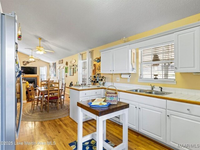 197 Maple Ridge Rd, Alexander City, AL 35010 - kitchen featuring a fireplace, white cabinets, a sink, and light wood-type flooring