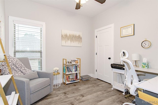home office featuring ceiling fan and wood finished floors