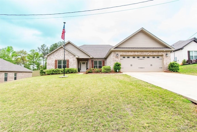 ranch-style home with concrete driveway, brick siding, an attached garage, and a front lawn