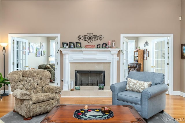 living room with baseboards, wood finished floors, and a fireplace