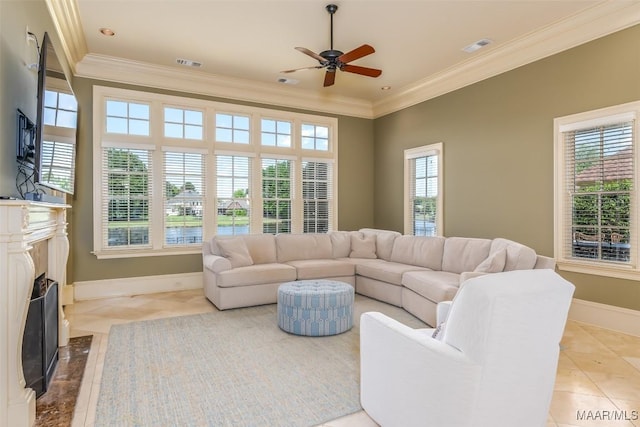 8573 W Hampton Ct, Montgomery, AL 36117 - tiled living room with visible vents, baseboards, crown molding, and ceiling fan
