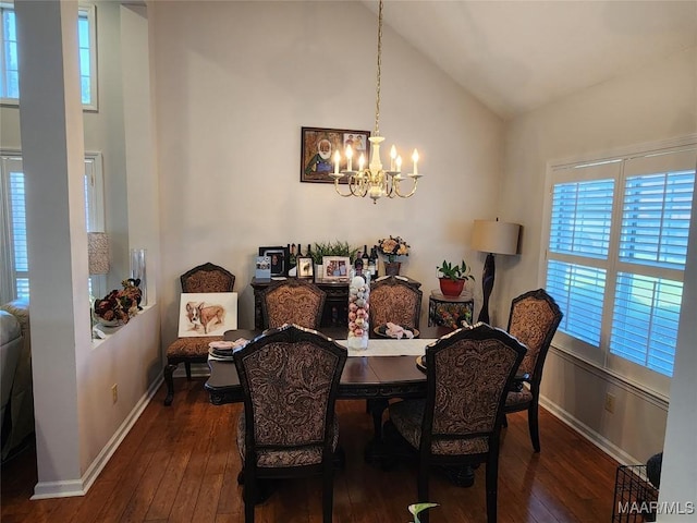 dining space featuring dark wood-type flooring, high vaulted ceiling, and a notable chandelier