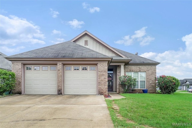 view of front of house with an attached garage, board and batten siding, concrete driveway, brick siding, and a front lawn