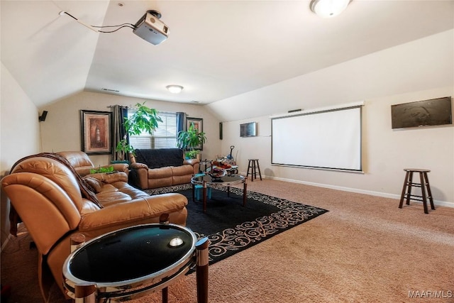 interior space featuring visible vents, carpet floors, baseboards, and lofted ceiling