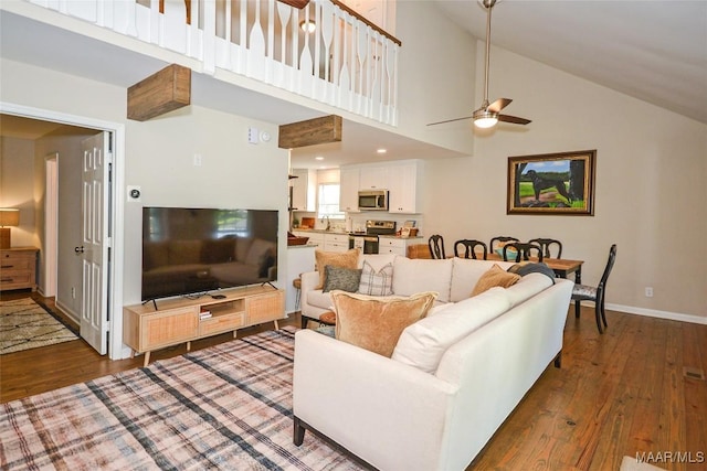 315 Lake Point Dr, Jacksons Gap, AL 36861 - living area featuring high vaulted ceiling, ceiling fan, baseboards, and hardwood / wood-style flooring