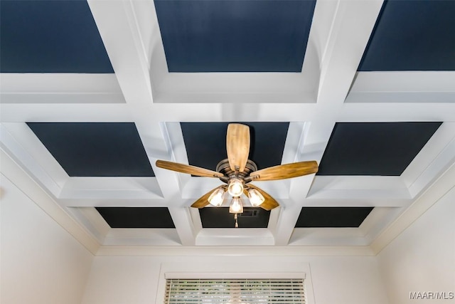 details featuring coffered ceiling, beamed ceiling, and a ceiling fan