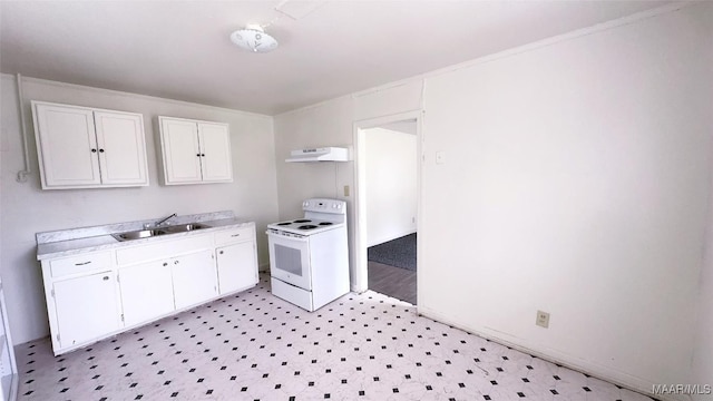 kitchen with white electric range, light floors, white cabinets, under cabinet range hood, and a sink