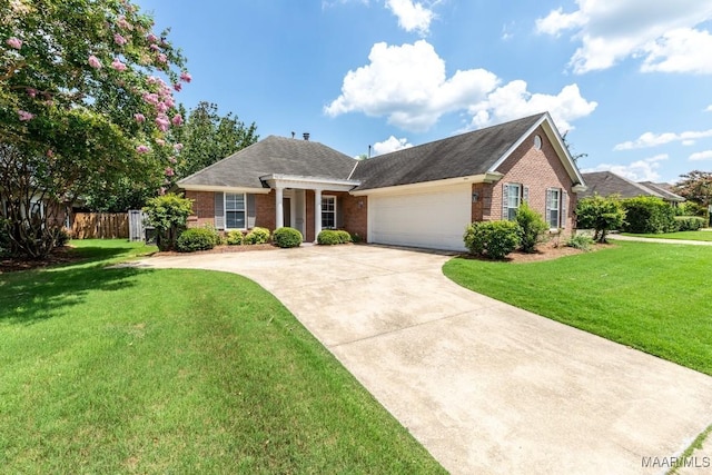 ranch-style home with a front yard, a garage, fence, brick siding, and driveway