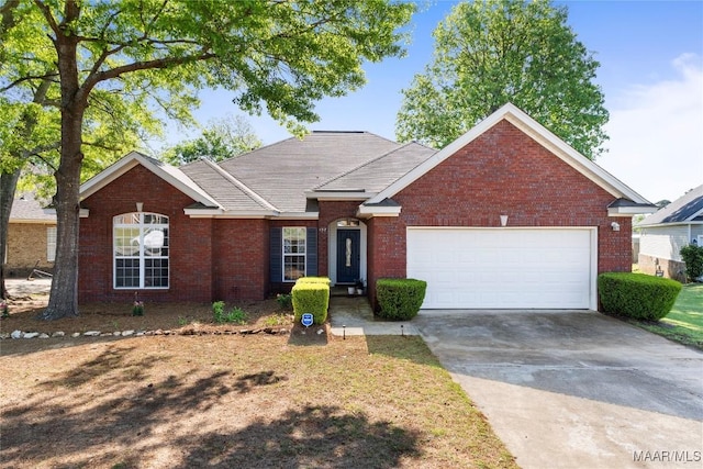 ranch-style home featuring a garage, driveway, and brick siding
