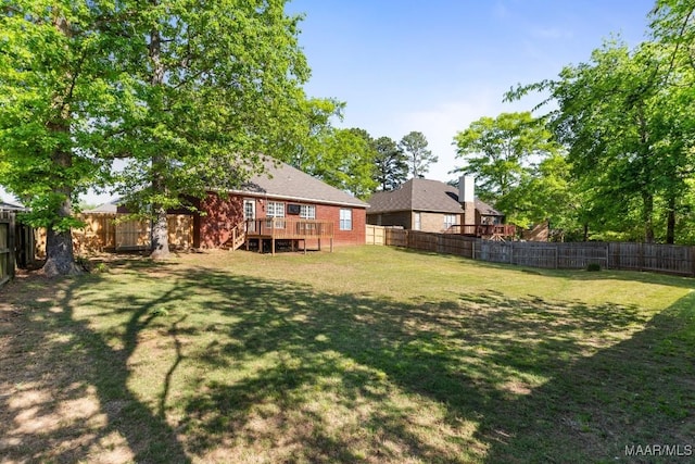view of yard with a fenced backyard and a wooden deck
