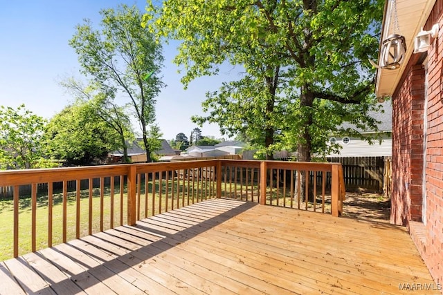 wooden terrace featuring a yard and a fenced backyard