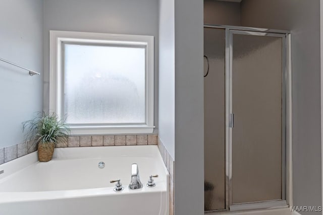 full bath with a wealth of natural light, a bath, and a shower stall