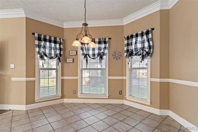unfurnished dining area with a textured ceiling, a healthy amount of sunlight, and tile patterned flooring
