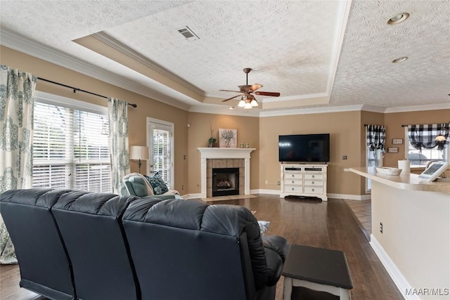 living area with visible vents, a textured ceiling, a ceiling fan, and a raised ceiling