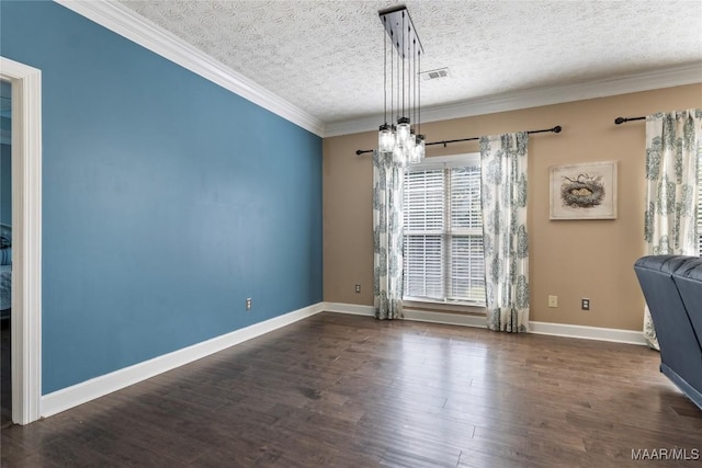 unfurnished dining area with crown molding, visible vents, a textured ceiling, and dark wood-style flooring