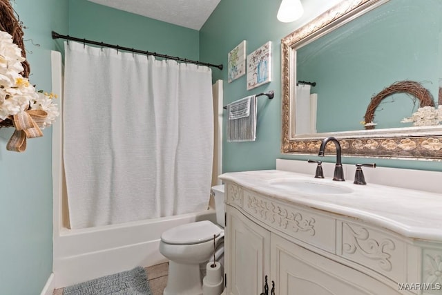 bathroom featuring shower / bath combination with curtain, vanity, toilet, and tile patterned flooring