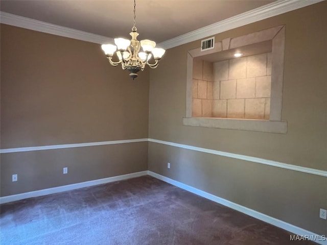 empty room with dark colored carpet, visible vents, crown molding, baseboards, and a notable chandelier
