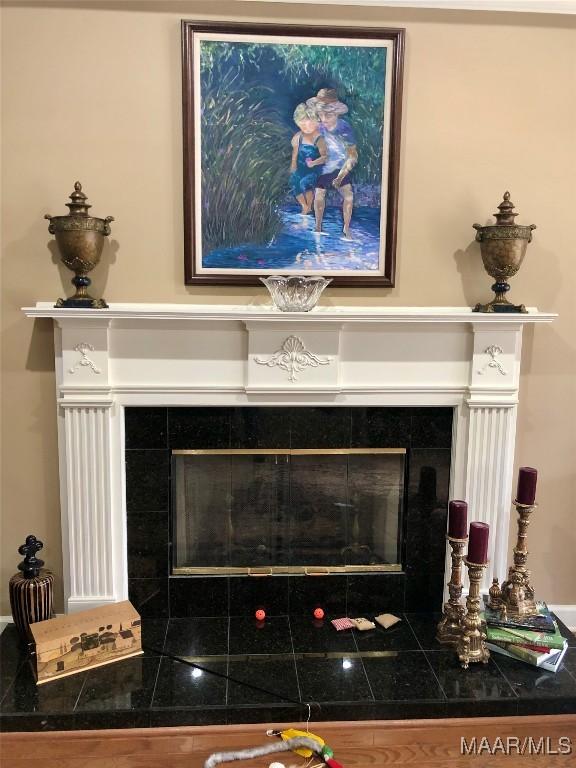 details featuring a tiled fireplace