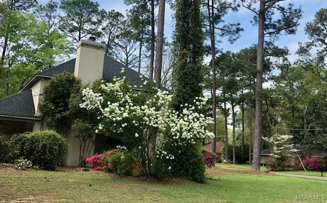 view of home's exterior with a yard, a shingled roof, and a chimney