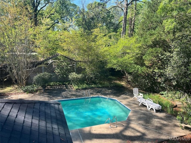 view of swimming pool featuring fence, a patio, and a fenced in pool