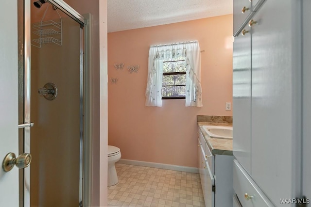 210 Weluvit Ln, Titus, AL 36080 - bathroom featuring a shower stall, vanity, baseboards, toilet, and a textured ceiling