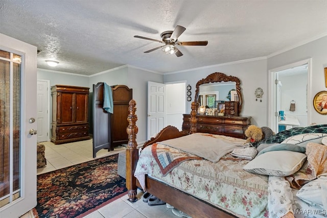 bedroom featuring crown molding, a textured ceiling, ensuite bath, a ceiling fan, and tile patterned flooring