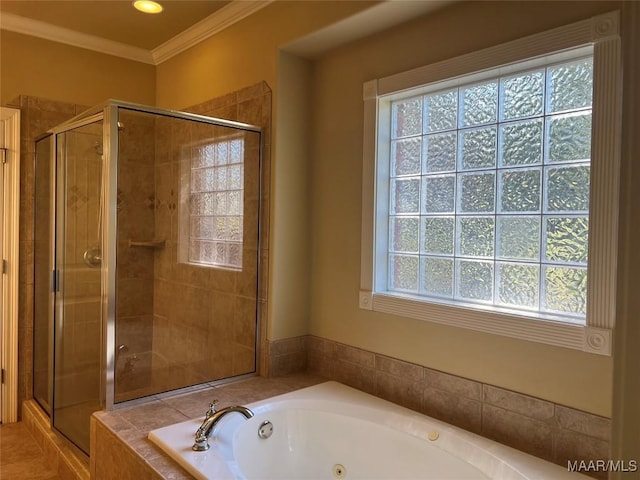 full bath with ornamental molding, a stall shower, and a tub with jets