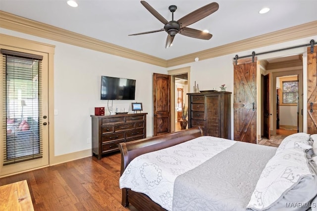 177 Tankersley Rd, Wetumpka, AL 36092 - bedroom featuring a barn door, a ceiling fan, crown molding, wood finished floors, and access to outside