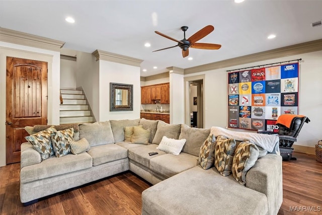177 Tankersley Rd, Wetumpka, AL 36092 - living room featuring dark wood finished floors, ceiling fan, and ornamental molding