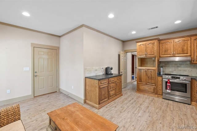 177 Tankersley Rd, Wetumpka, AL 36092 - kitchen with ornamental molding, light wood-style flooring, backsplash, visible vents, and stainless steel range with electric cooktop