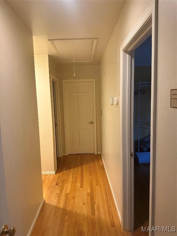 corridor featuring attic access, baseboards, and light wood-type flooring
