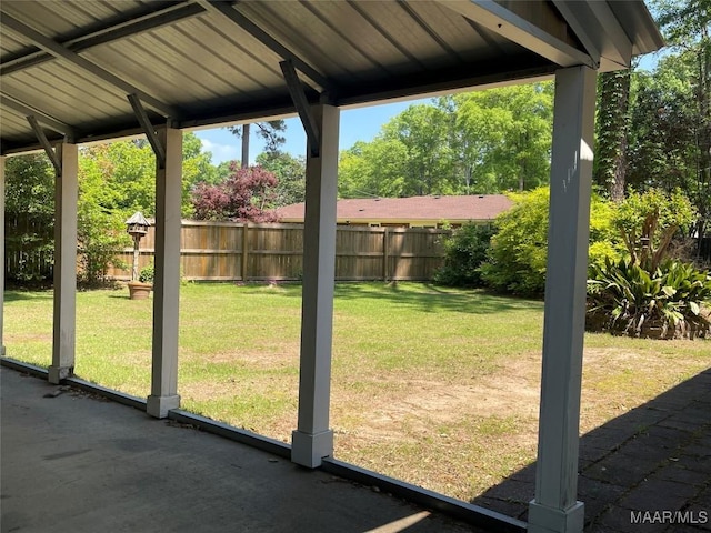 view of yard featuring fence and a patio area