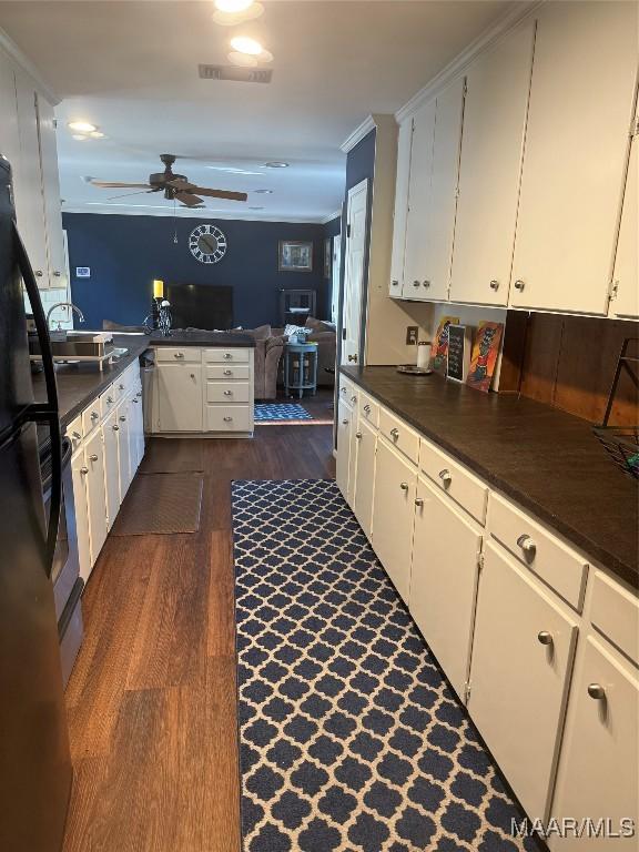 kitchen featuring dark countertops, dark wood-style floors, ceiling fan, and a sink
