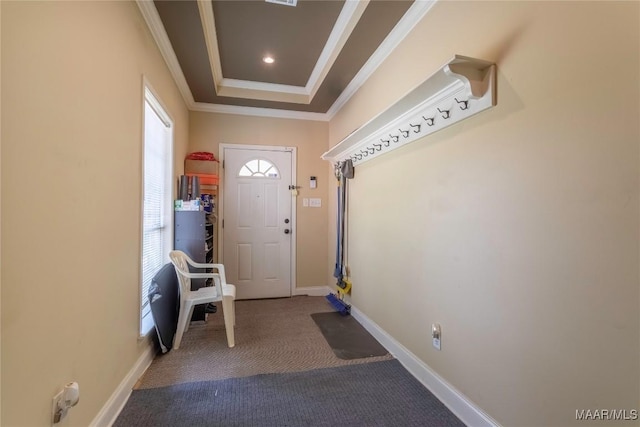 6416 Eastwood Glen Dr, Montgomery, AL 36117 - doorway to outside with baseboards, crown molding, and carpet flooring