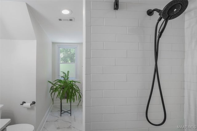 6432 Wynwood Pl, Montgomery, AL 36117 - full bathroom with marble look tile flooring, toilet, tiled shower, and baseboards