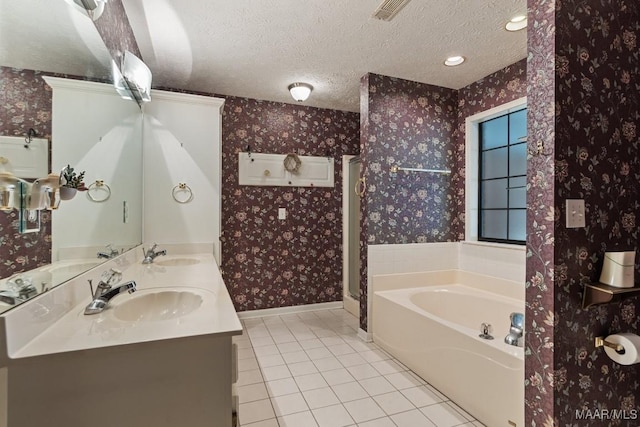 full bath with wallpapered walls, tile patterned flooring, a textured ceiling, a garden tub, and a shower stall