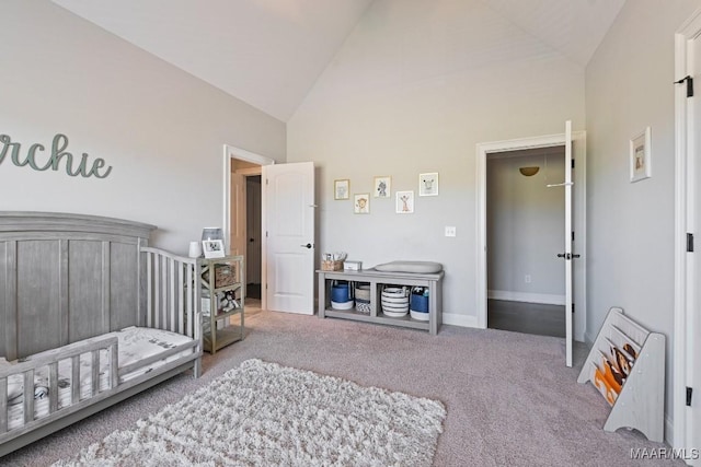 184 Houston St, Prattville, AL 36066 - carpeted bedroom featuring baseboards, high vaulted ceiling, and a nursery area