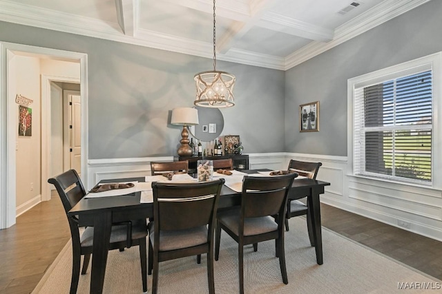 184 Houston St, Prattville, AL 36066 - dining space with coffered ceiling, wood finished floors, beamed ceiling, crown molding, and a notable chandelier