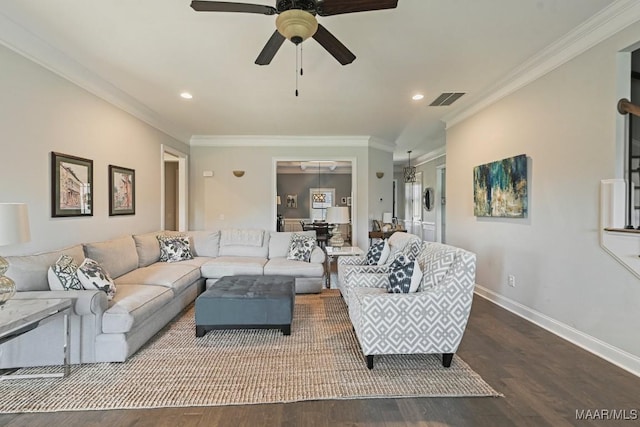 184 Houston St, Prattville, AL 36066 - living room with a ceiling fan, crown molding, wood finished floors, and visible vents