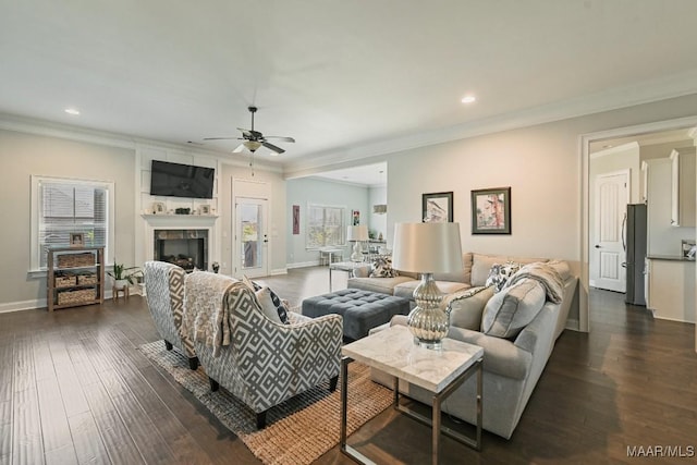 184 Houston St, Prattville, AL 36066 - living room with recessed lighting, a ceiling fan, and ornamental molding