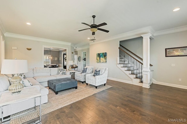 184 Houston St, Prattville, AL 36066 - living area with dark wood finished floors, stairway, crown molding, baseboards, and ceiling fan